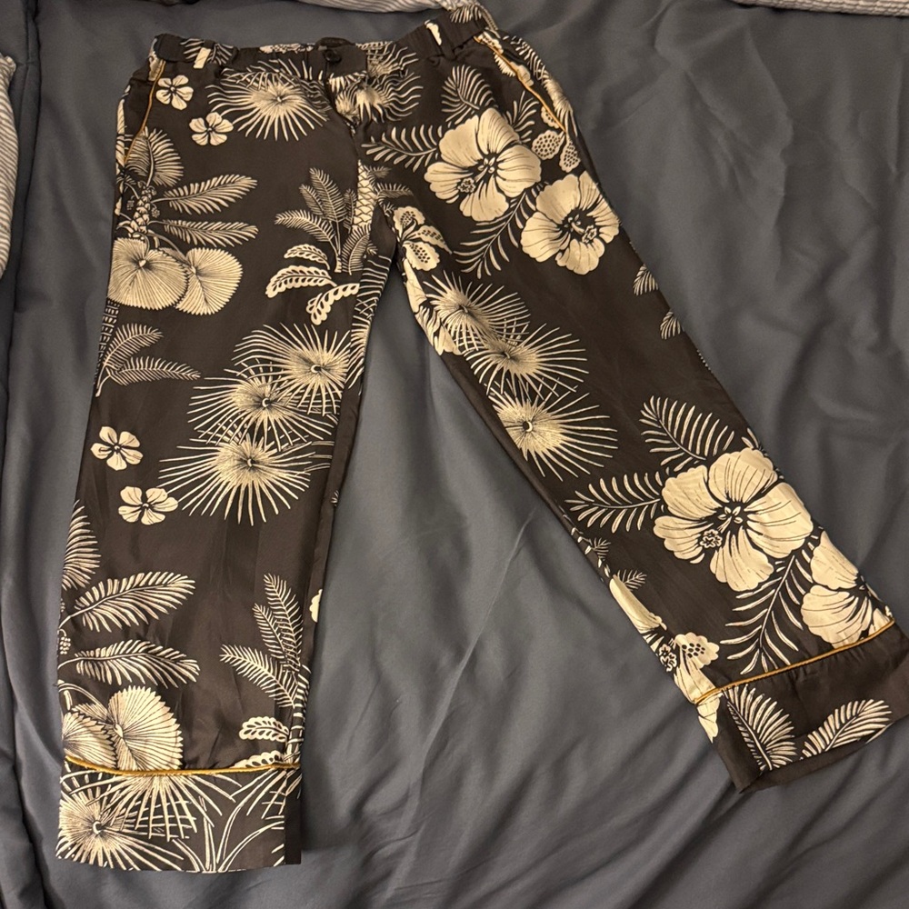 J. Crew Silk Gray and Cream Floral Cropped Pants